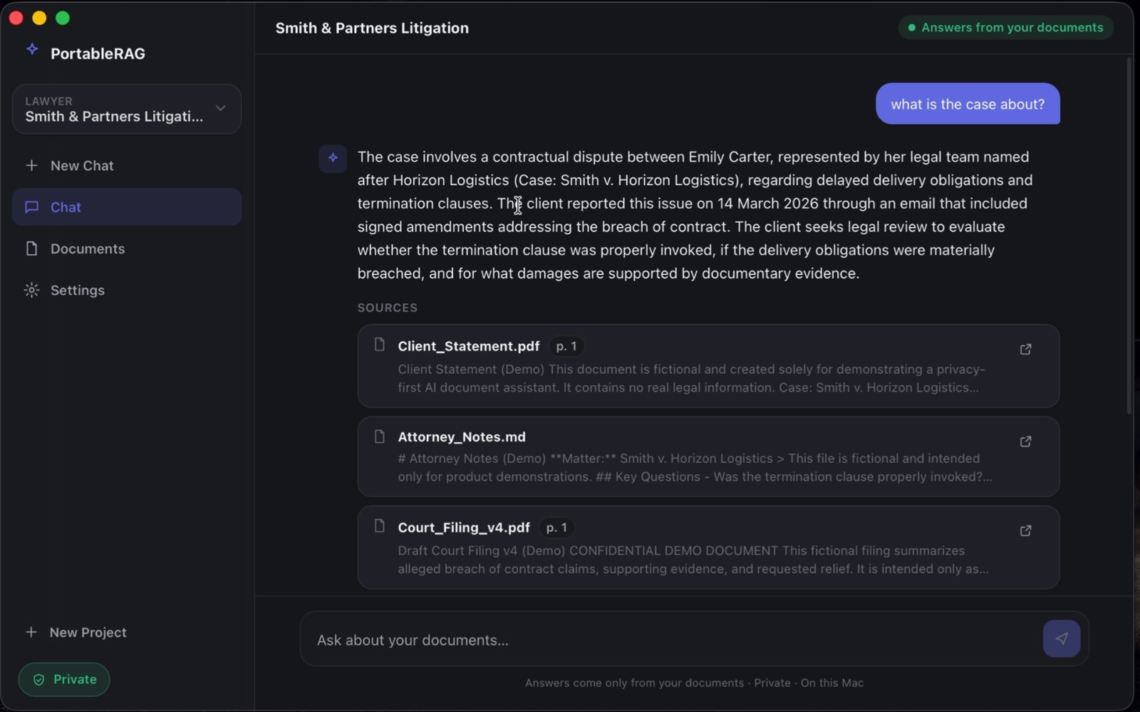 PortableRAG on macOS answering “what is the case about?” with a cited answer and the source documents it came from